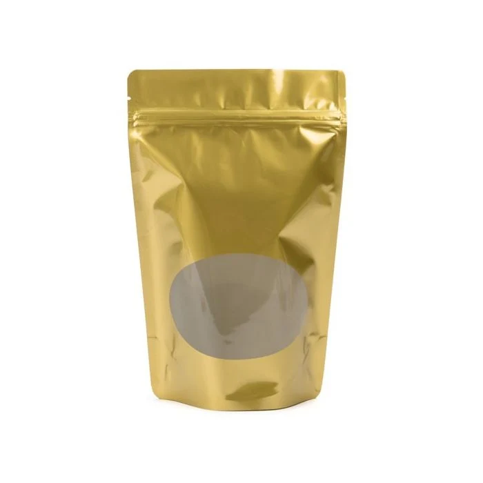 Standbodenbeutel Gold 14.9x8.9x23.2cm | 310 Gramm mit rundem Fenster (100 Stück) [ZBGO7G]