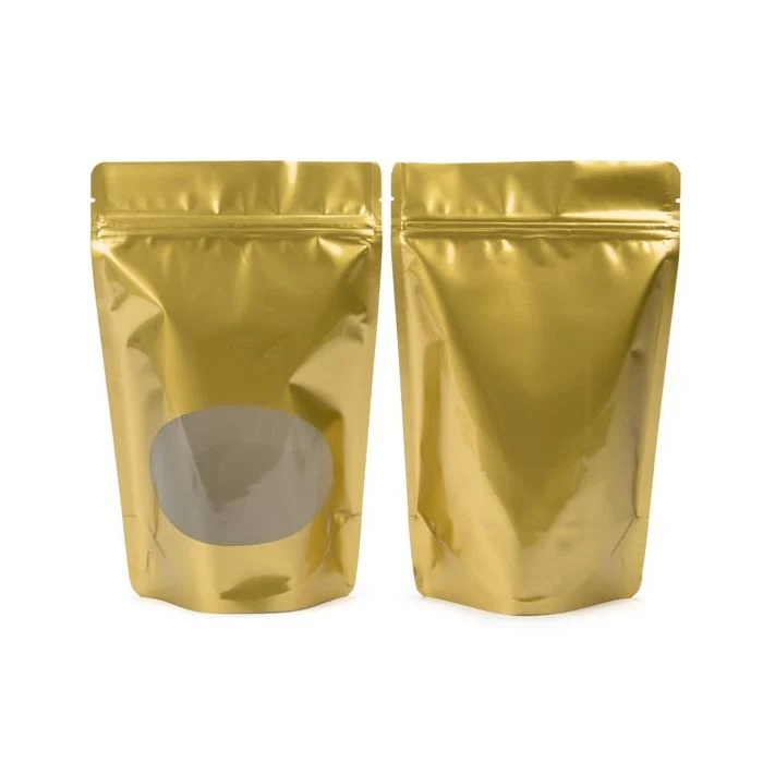 Standbodenbeutel Gold 14.9x8.9x23.2cm | 310 Gramm mit rundem Fenster (100 Stück) [ZBGO7G]