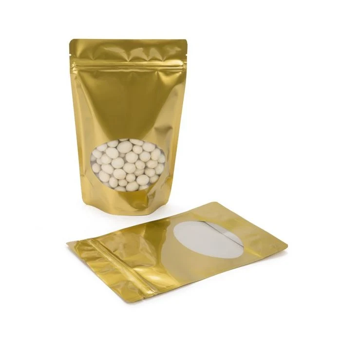 Standbodenbeutel Gold 14.9x8.9x23.2cm | 310 Gramm mit rundem Fenster (100 Stück) [ZBGO7G]