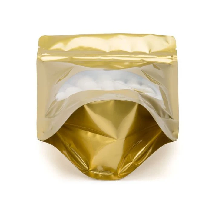 Standbodenbeutel Gold 14.9x8.9x23.2cm | 310 Gramm mit rundem Fenster (100 Stück) [ZBGO7G]