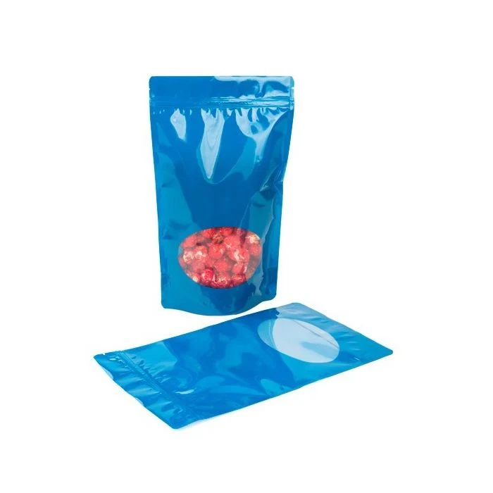Standbodenbeutel Blau 17x9x28.5cm | 340 Gramm mit rundem Fenster (100 Stück) [ZBGO4BL]