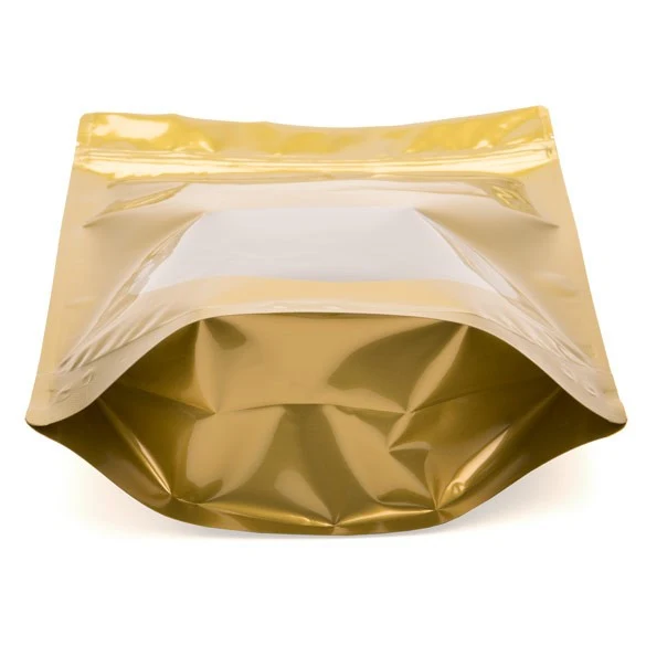 Standbodenbeutel Gold 21x9x29cm | 510 Gramm mit rundem Fenster (100 Stück) [ZBGO5G]