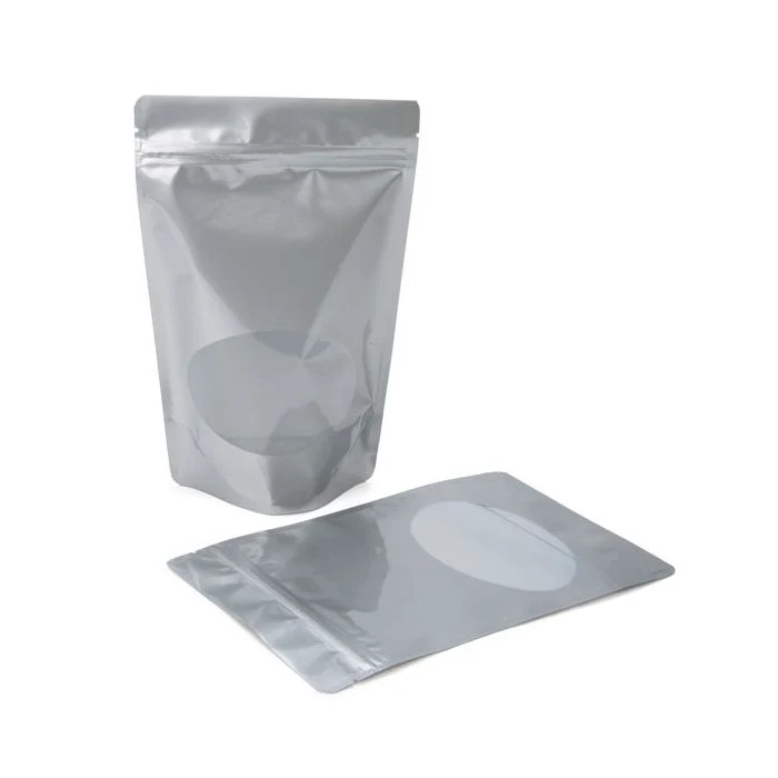 Standbodenbeutel Silber 14.9x8.9x23.2cm | 310 Gramm mit rundem Fenster (100 Stück) [ZBGO7S]