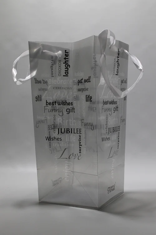Geschenktaschen 12.5x30cm Transparent mit grauem Aufdruck (10 Stück) [GBAG12X30]