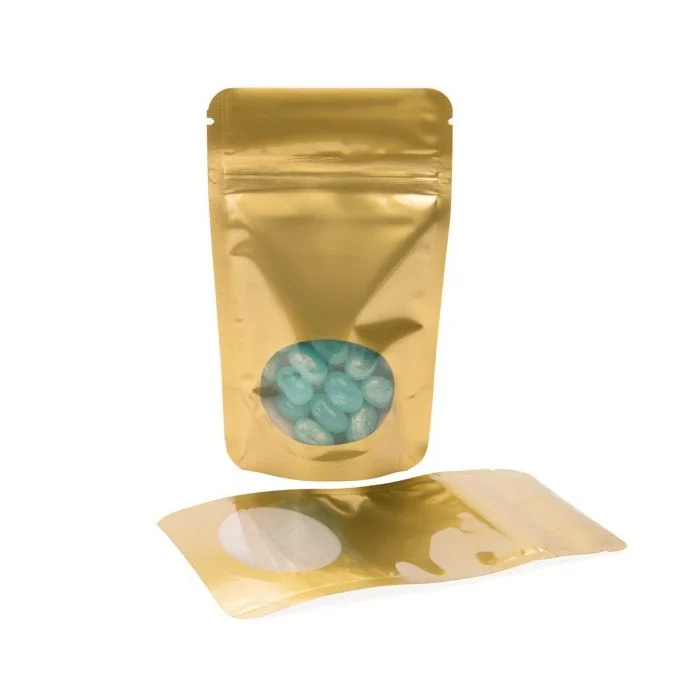 Standbodenbeutel Gold 8x5x13cm | 28 Gramm mit rundem Fenster (100 Stück) [ZBGO1G]