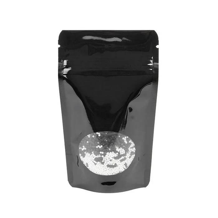 Standbodenbeutel Schwarz 8x5x13cm | 28 Gramm mit rundem Fenster (100 Stück) [ZBGO1B]