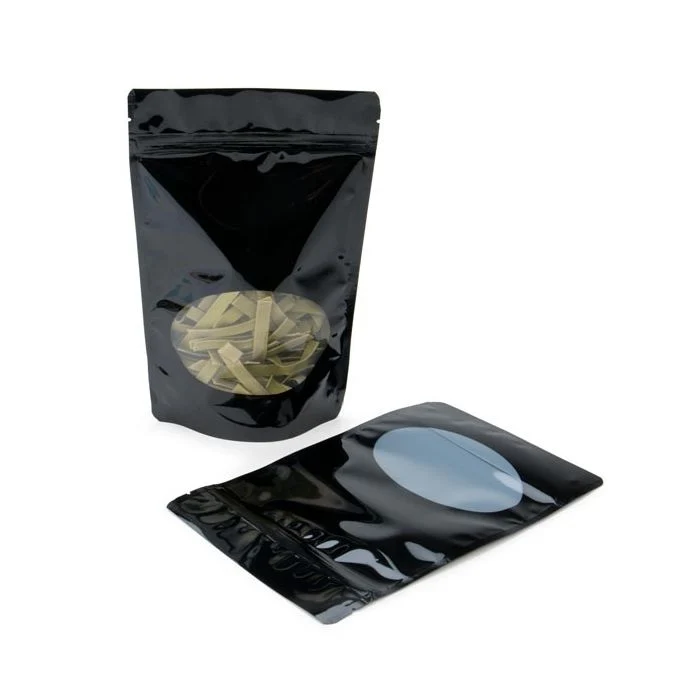 Standbodenbeutel Schwarz 13x7x20.5cm | 110 Gramm mit rundem Fenster (100 Stück) [ZBGO3B]
