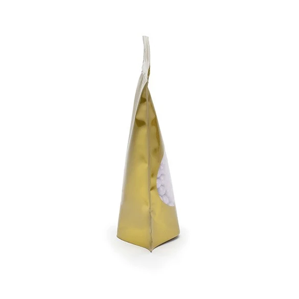 Standbodenbeutel Gold 13x7x20.5cm | 110 Gramm mit rundem Fenster (100 Stück) [ZBGO3G]