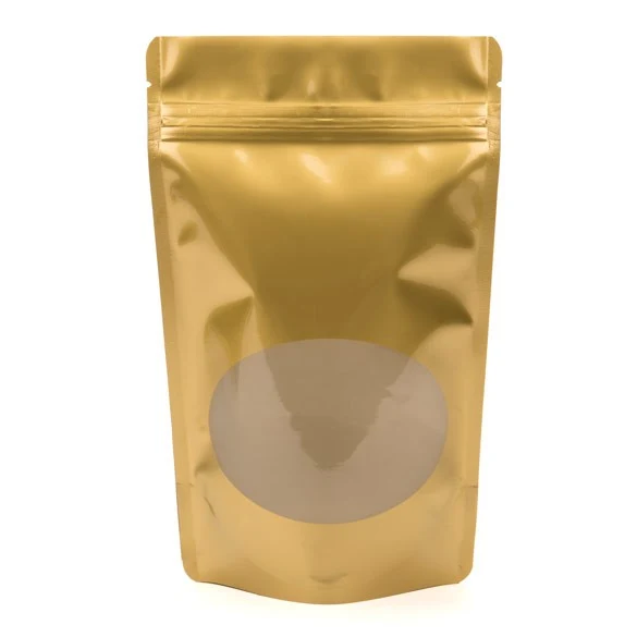 Standbodenbeutel Gold 13x7x20.5cm | 110 Gramm mit rundem Fenster (100 Stück) [ZBGO3G]