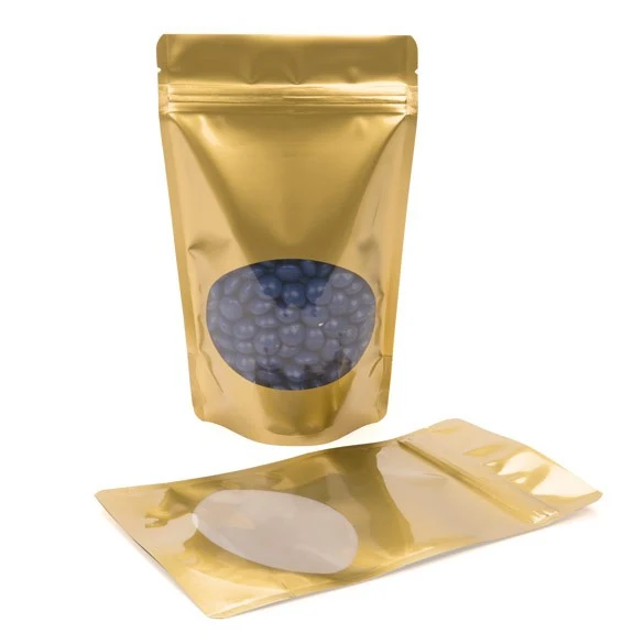 Standbodenbeutel Gold 13x7x20.5cm | 110 Gramm mit rundem Fenster (100 Stück) [ZBGO3G]